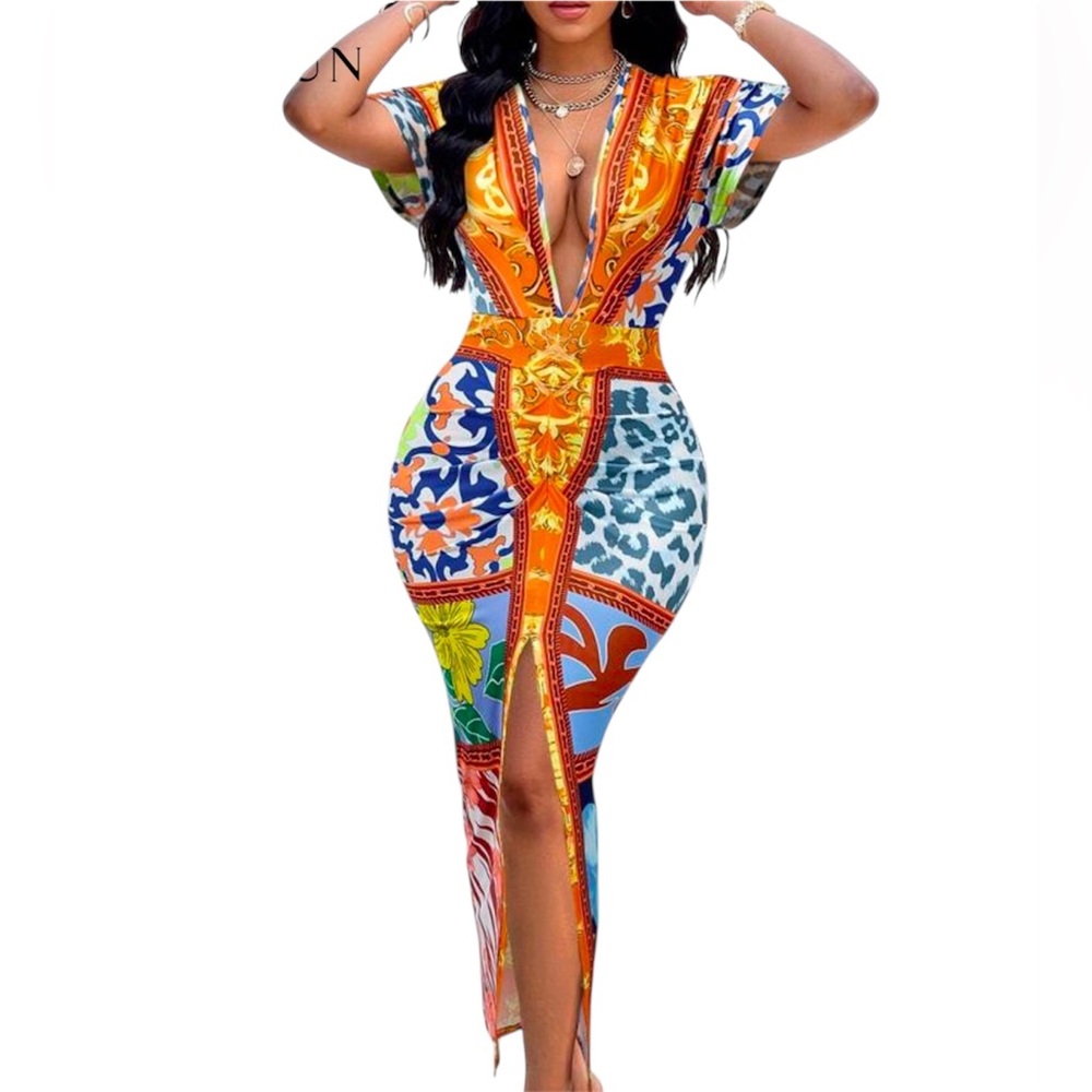 Sexy Stretch Summer Vacation Bohemian Deep V-Neck Kimono Dress Size Large